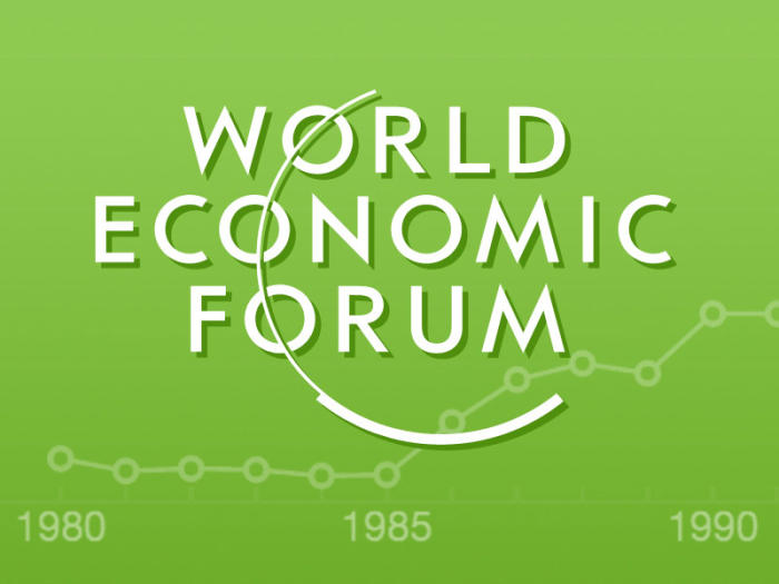The World Economic Forum logo superimposed over a faded line-chart, set on a green background