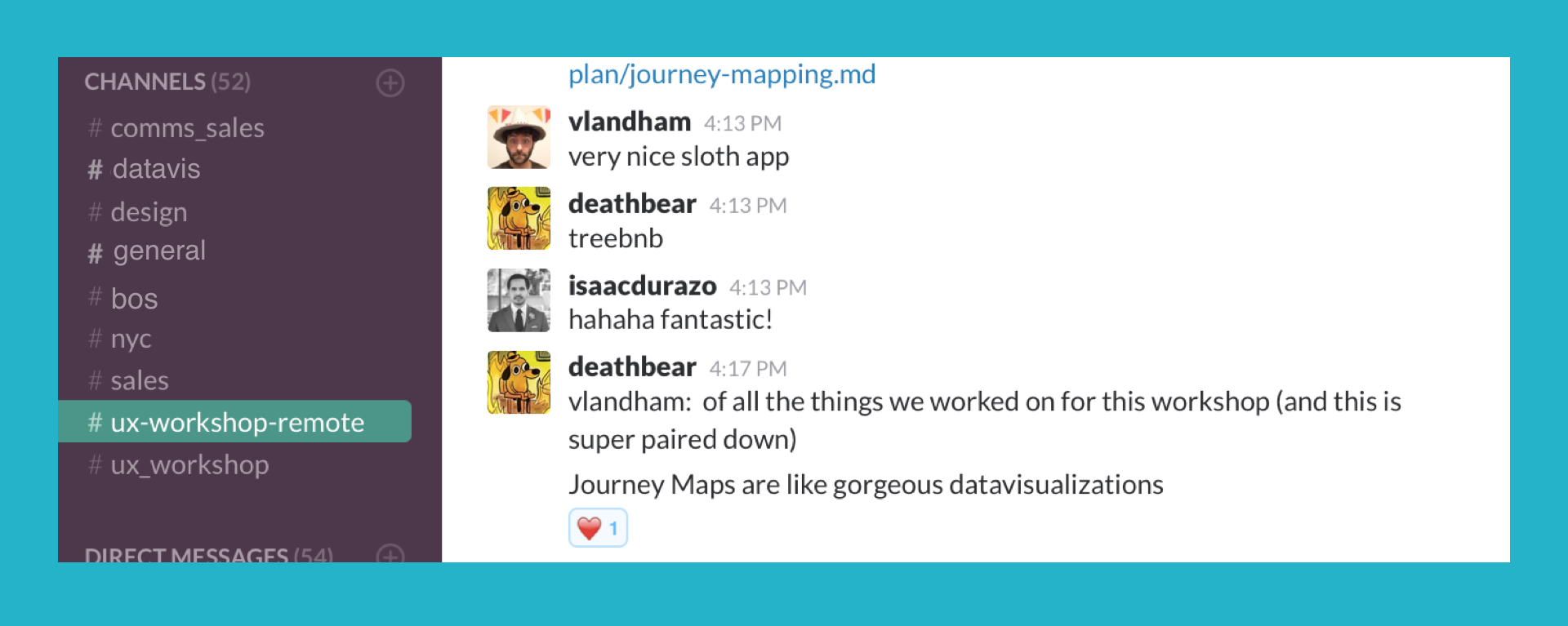 Screenshot of the Bocoup slack channel used for our remote workshop