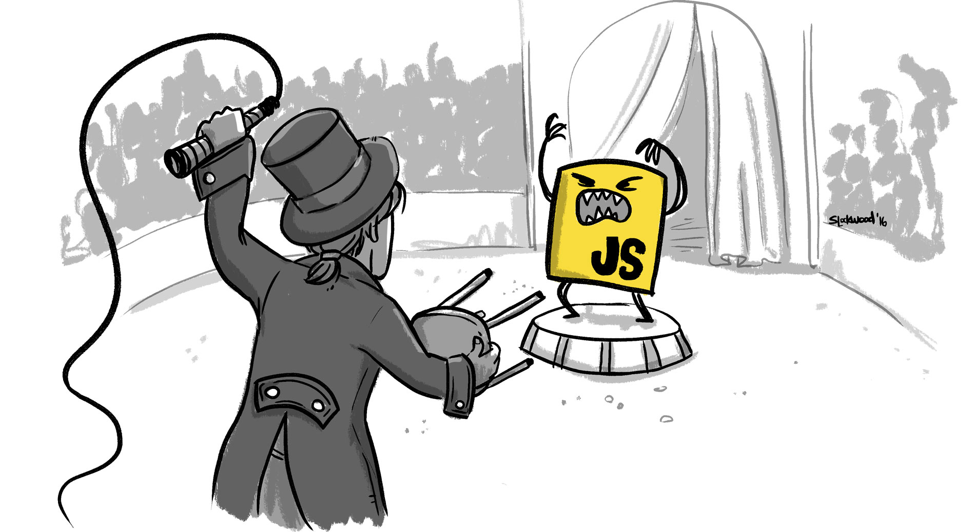 An illustration of a carnival barker holding back the JavaScript logo