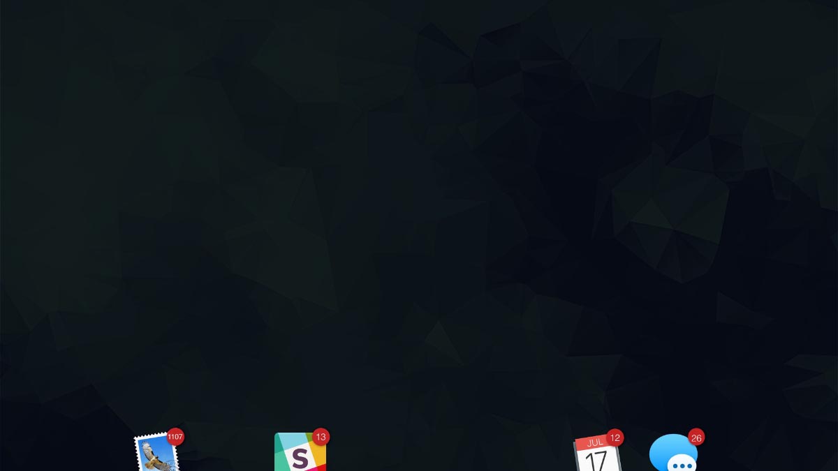 An empty slide, overlaid by OSX app icons—Mail, Slack, Calendar, and Message, each with several notifications—as though appearing from the presenter’s dock.