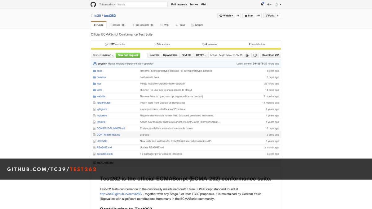 Screenshot of the Test262 GitHub repository landing page.