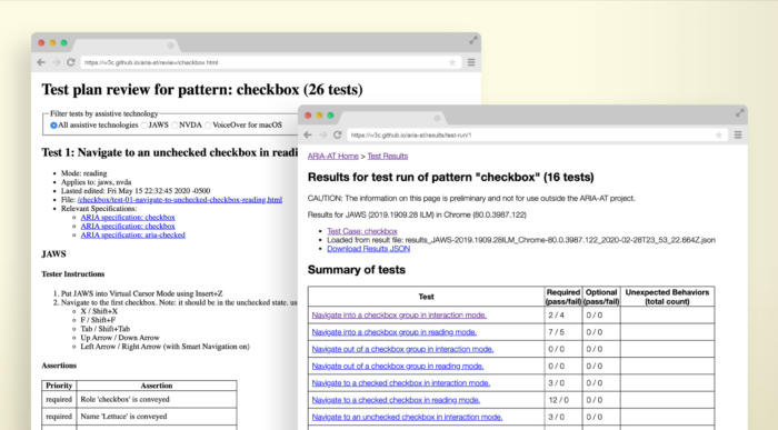 Two layered screenshots of the Aria-AT prototype, each in its own illustrated browser window. The first is of a test plan for checkbox. The second is of test run results for the checkbox pattern.