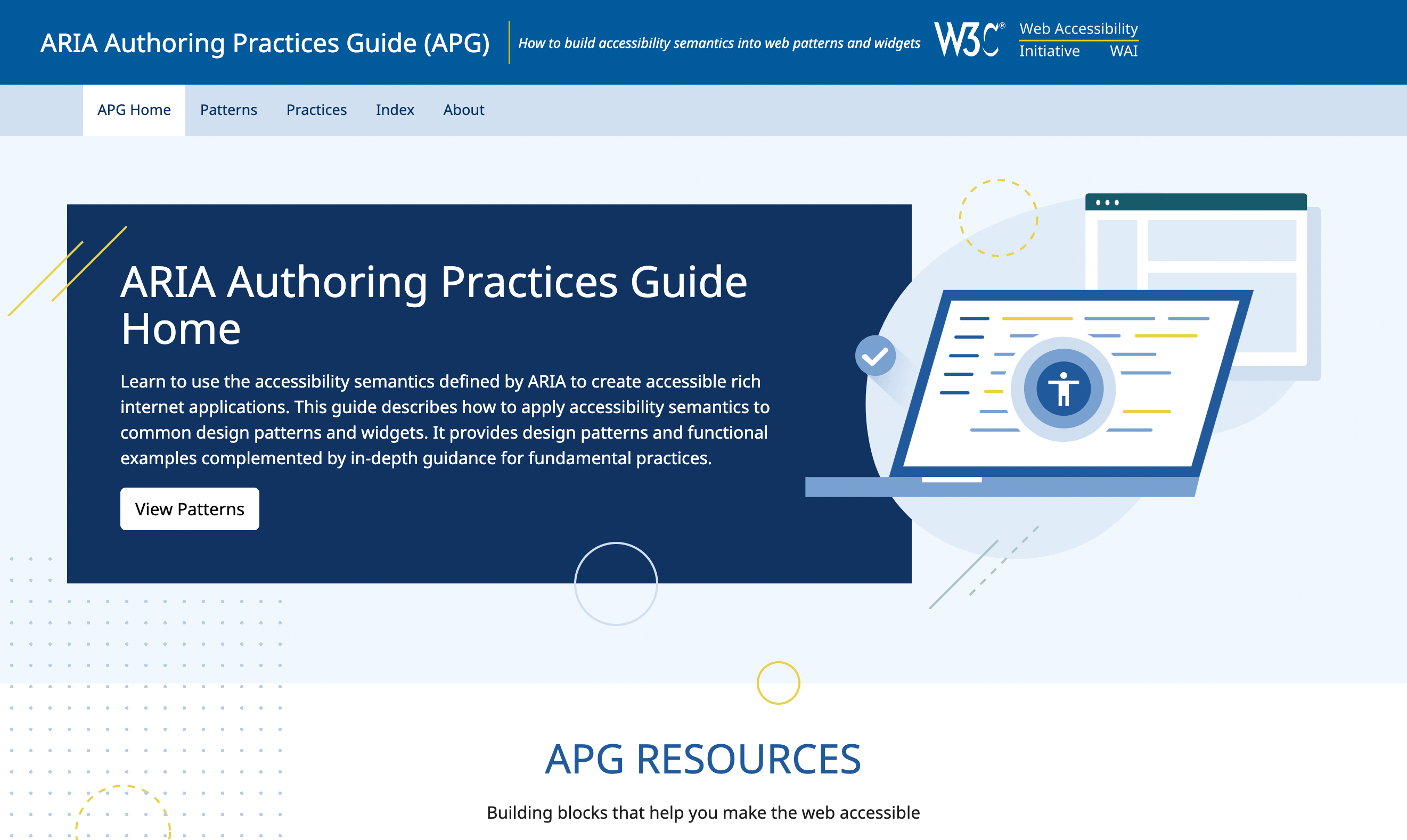 A screenshot of the APG home page